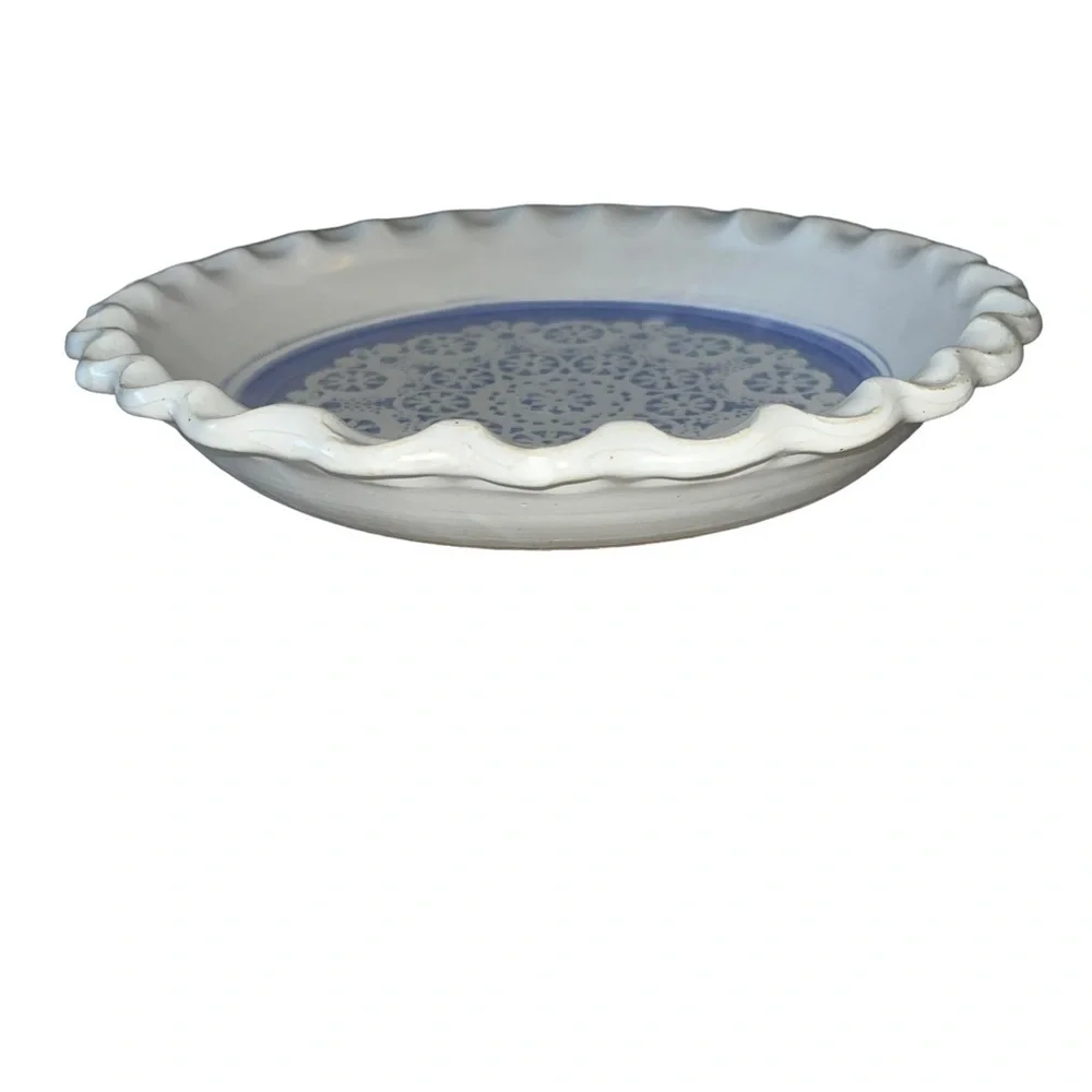 Vintage Signed Handmade Pottery Scalloped Edge Pie Dish